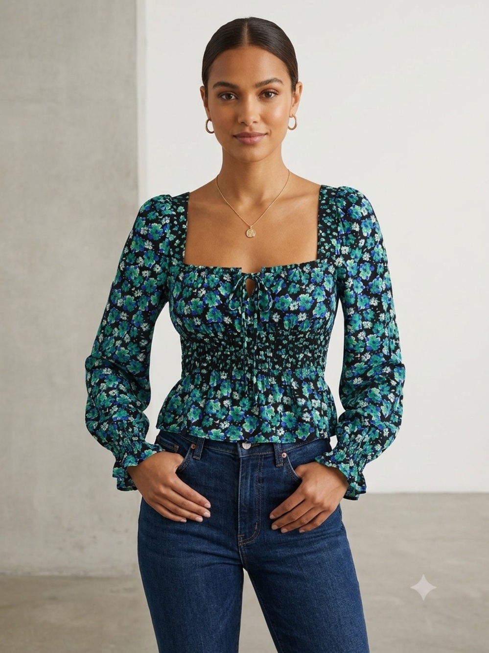 SO Black Floral Smocked Peasant Blouse - Blue & Green